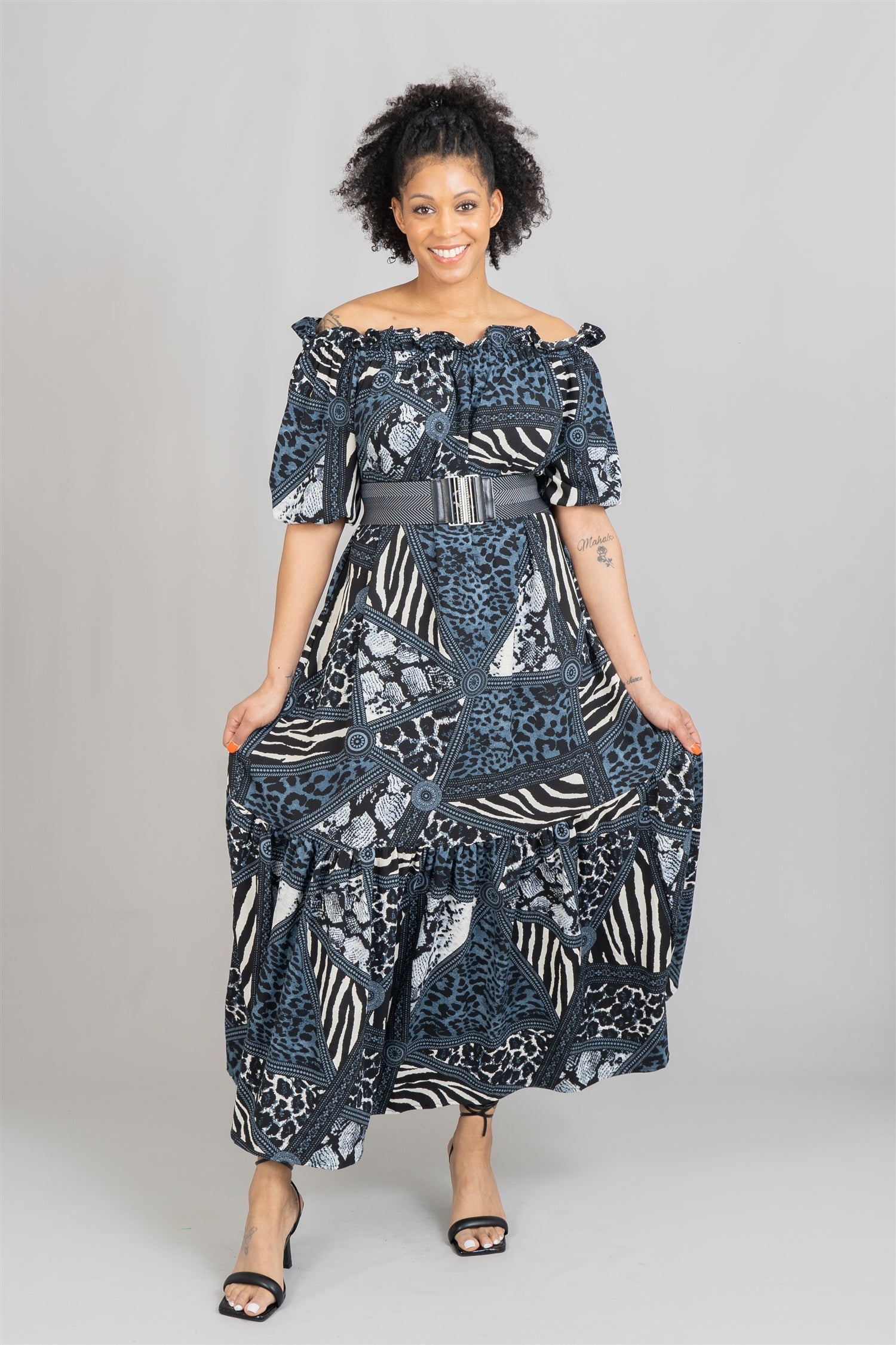 KaraChic 7713 Off-shoulder Animal Print Maxi Dress