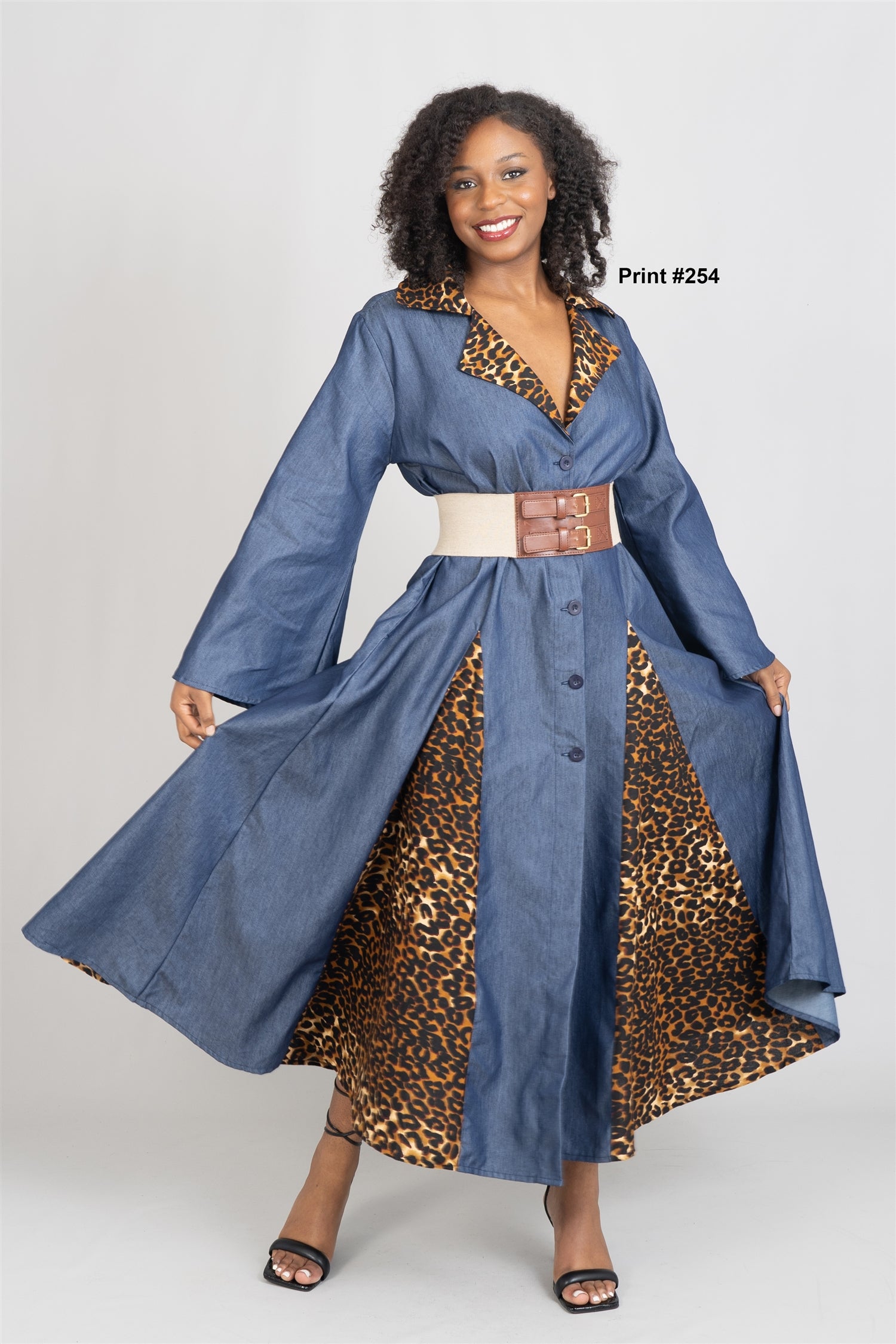 KaraChic 7752D Authentic African Print Trim Denim Dress