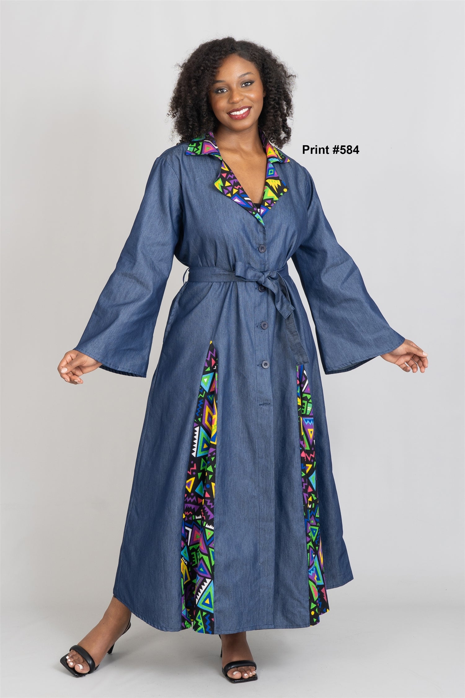 KaraChic 7752D Authentic African Print Trim Denim Dress