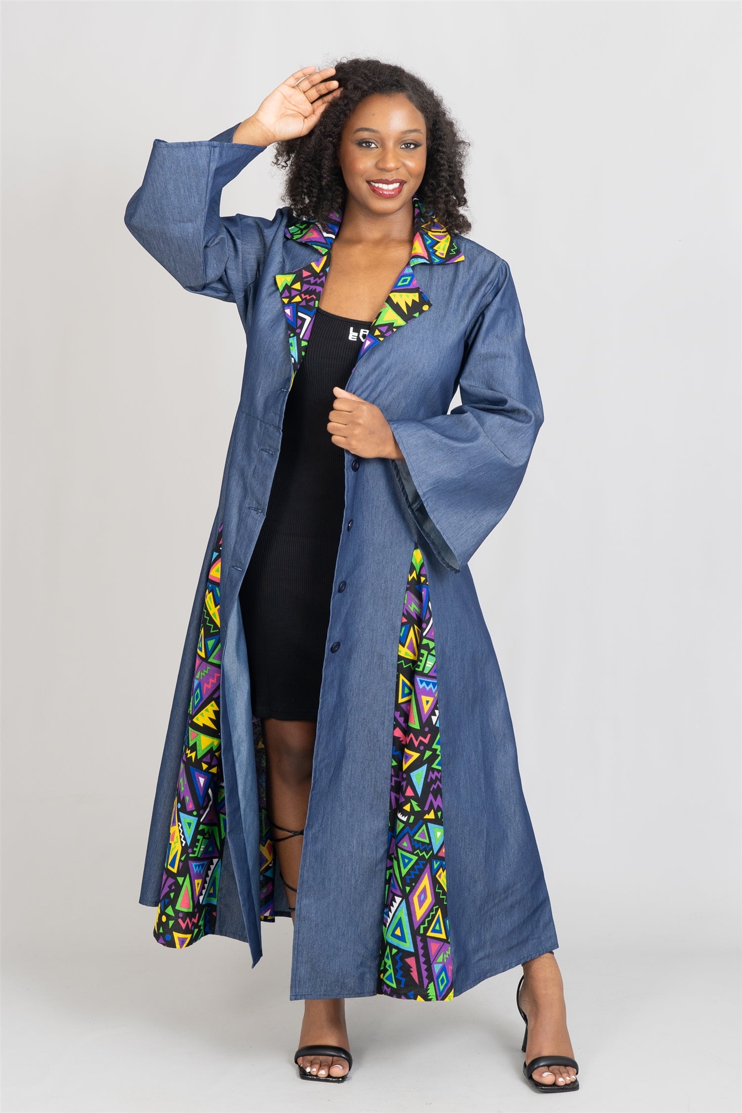 KaraChic 7752D Authentic African Print Trim Denim Dress