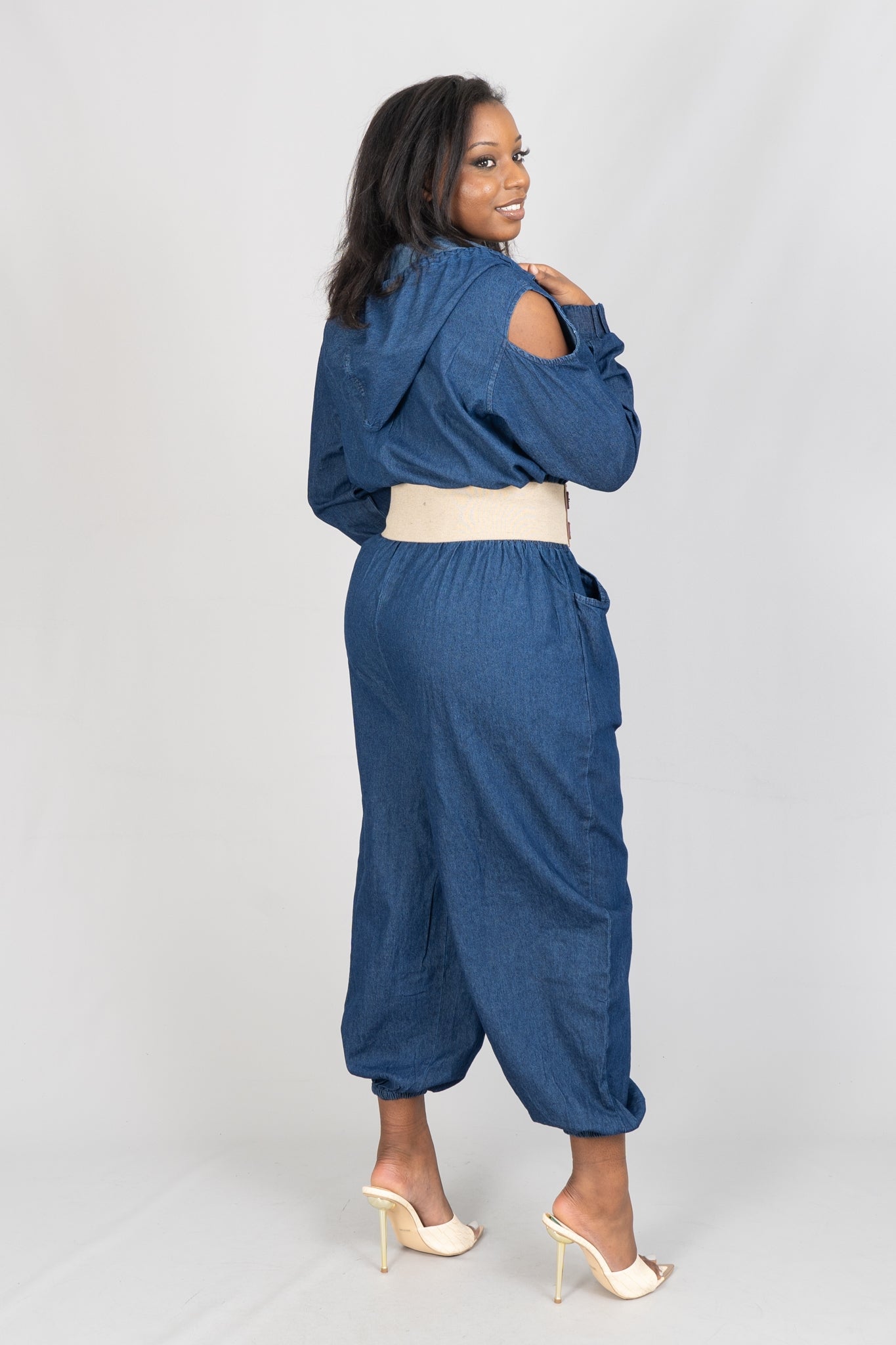 KaraChic 7791D Cold-shoulder Hooded Denim Jumpsuit