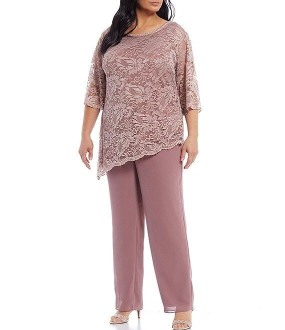 Le Bos 29537W Asymmetrical Lace PlusSize 2pc Pant Set