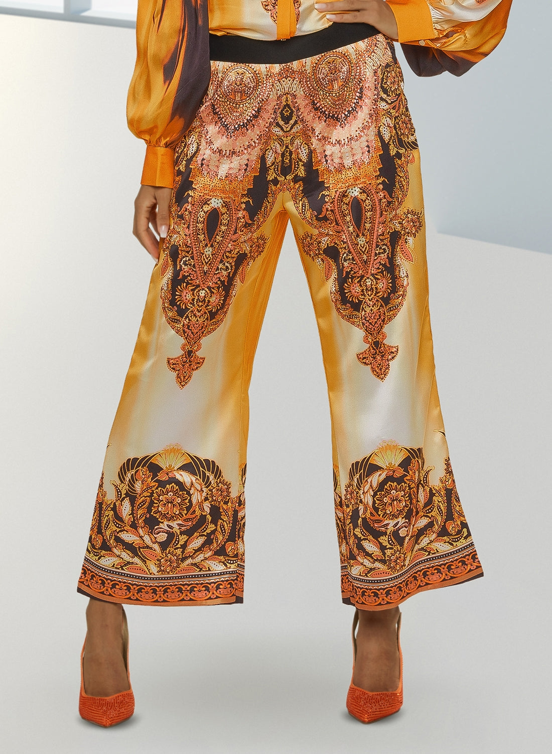 Love the Queen 17437P Rhinestone Embellished Print Satin Pant