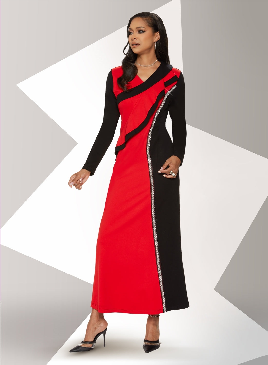 Love the Queen 17486 Rhinestone Trim Two-tone Stretch Crepe Dress