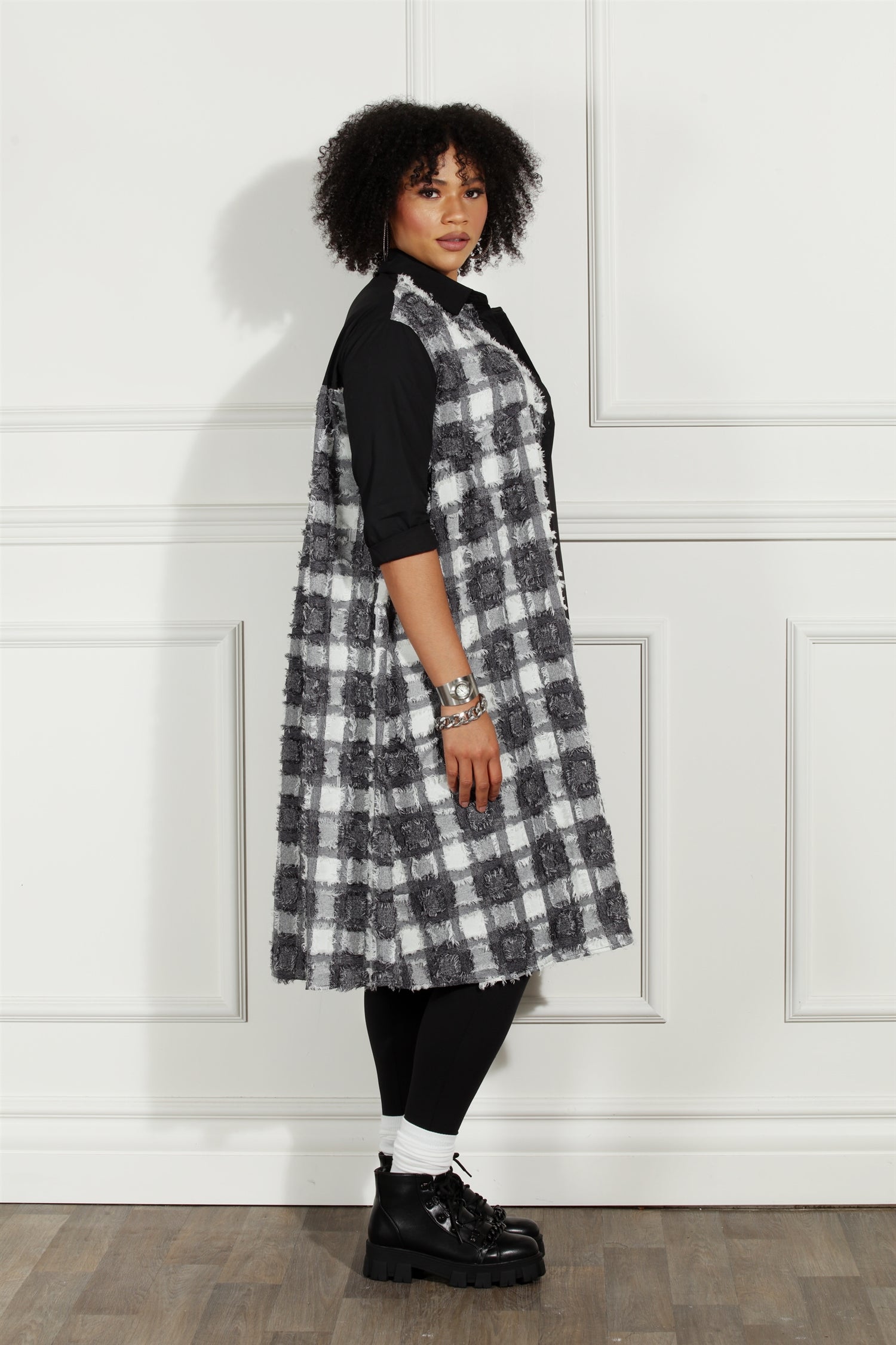 Luxe Moda LM228 Frayed Checker Print Button-front Dress