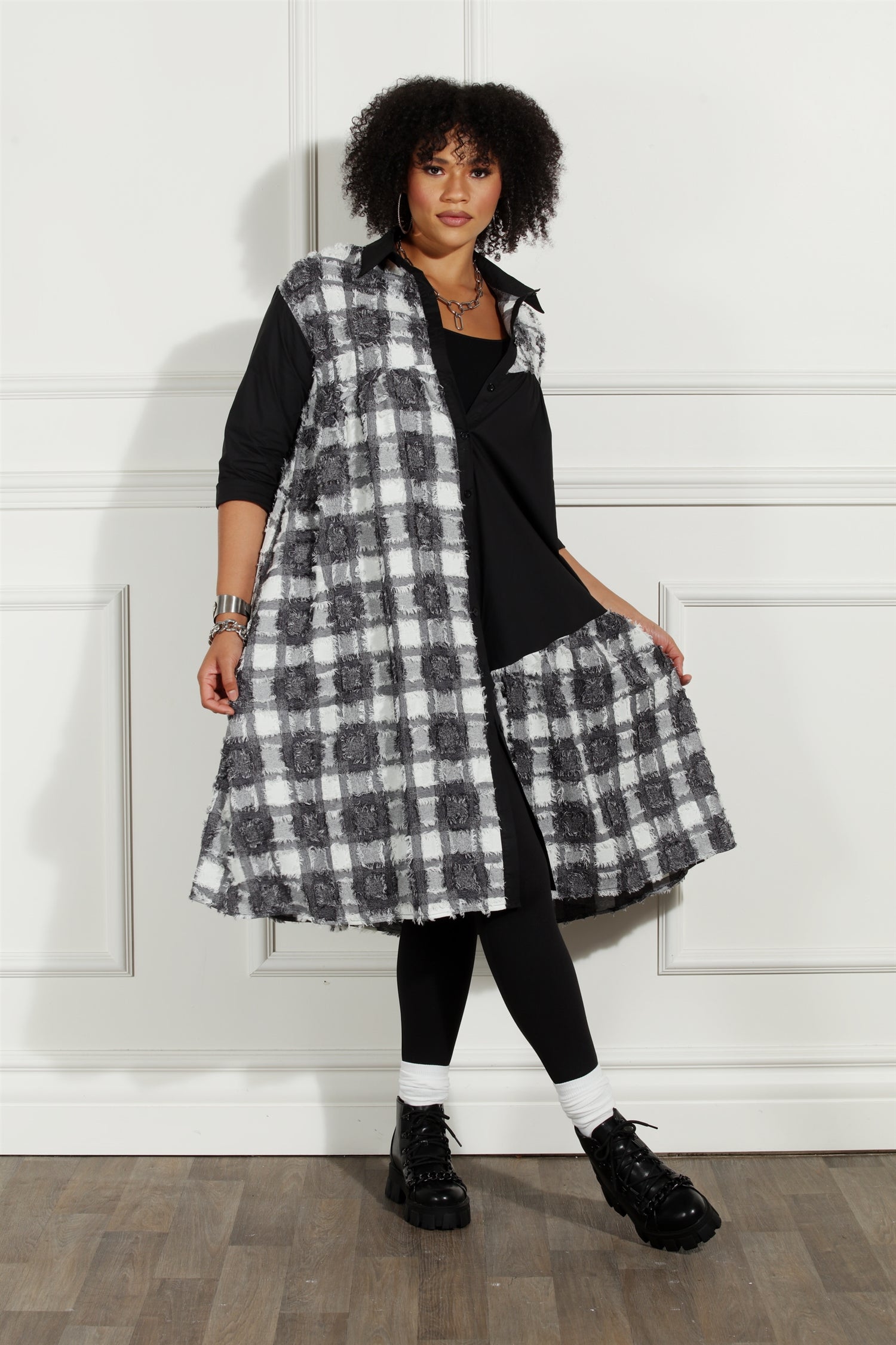 Luxe Moda LM228 Frayed Checker Print Button-front Dress