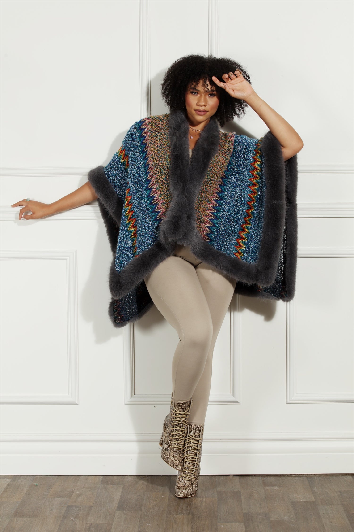 Luxe Moda LM244 Faux Fur Woven Cape