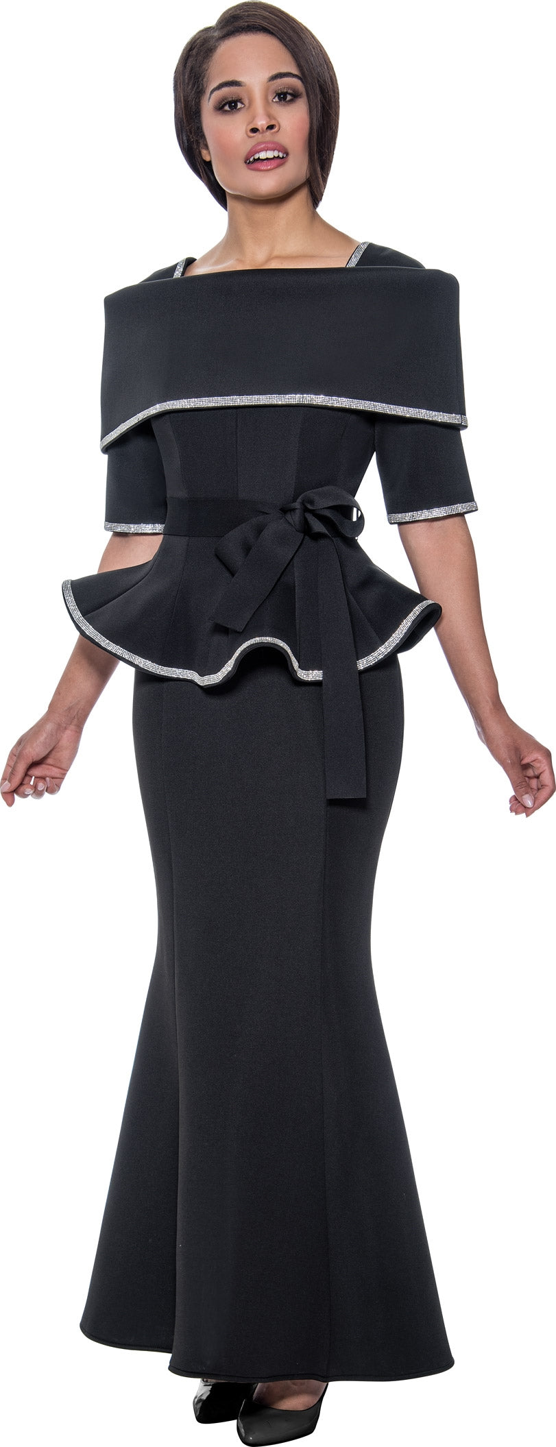 Stellar Looks 1692 Belted Portrait Collar Peplum 2pc Skirt Set