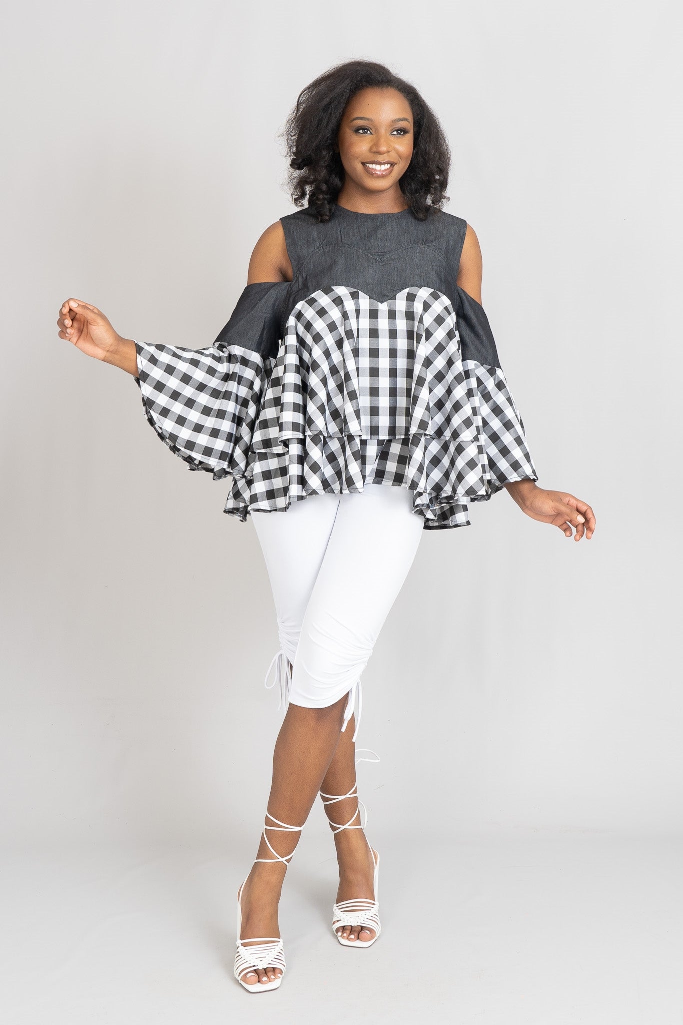 Step In Style AA22203 Cold Shoulder Plaid Top