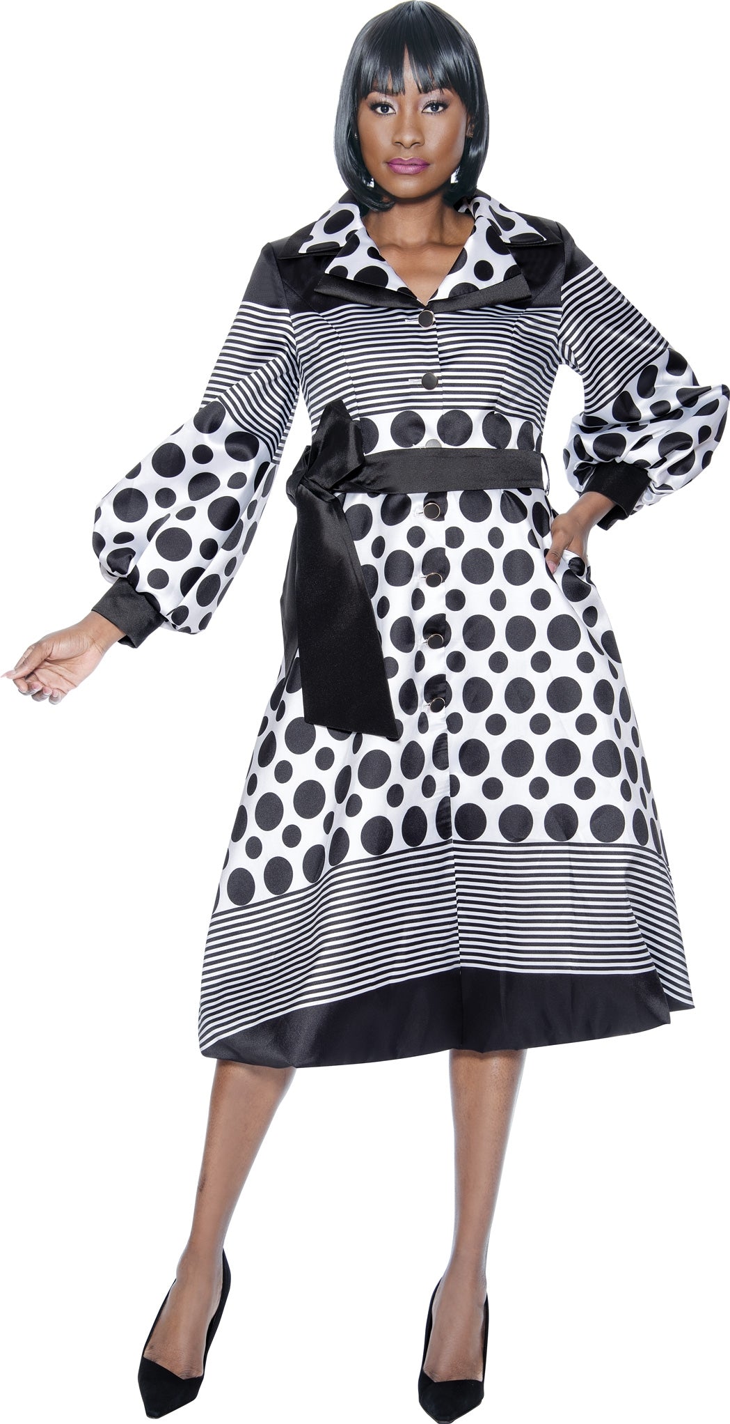 Terramina 7052 Polka Dot Stripe Button-front Dress