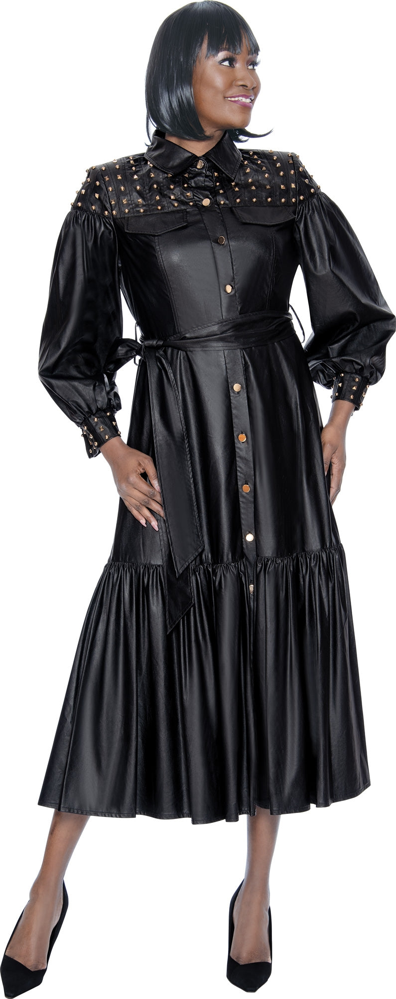 Terramina 7082 Faux Leather Embellished Tiered Dress