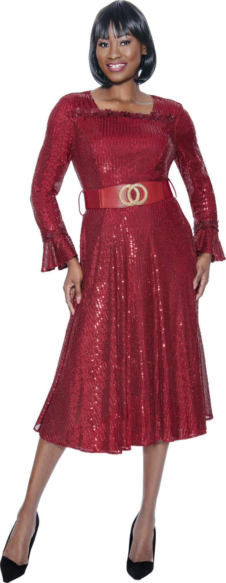 Terramina 7084 Belted Sequin Overlay Dress