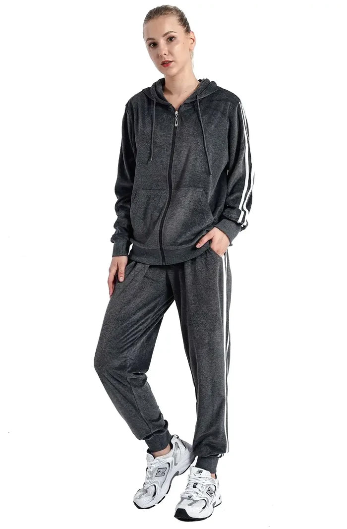 Tracksuit LJS201 Stripe Trim Velour 2pc Jog Set